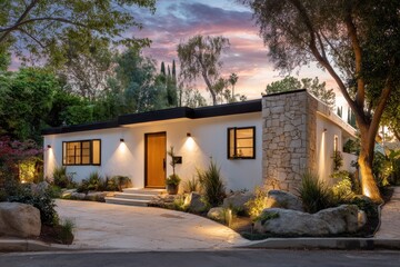 Luxurious single family home featuring white stucco, stone accents, and a warm wooden door, illuminated at sunset in Beverly Hills, California