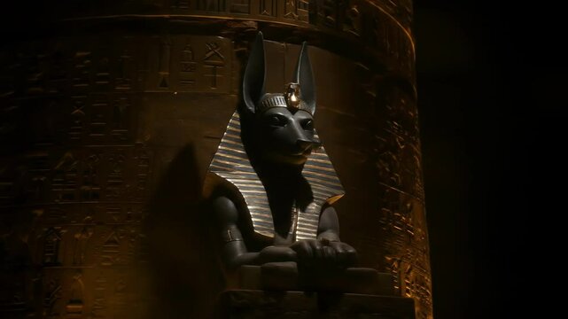 Ancient egyptian statue of anubis detailed close up with hieroglyphs museum quality