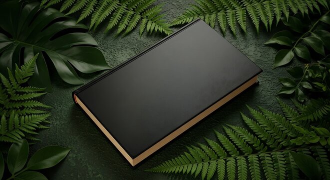 Luxury black hardcover book nestled amongst lush green ferns and tropical leaves on a dark green textured background.