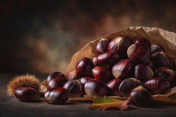 Autumn harvest displays roasted chestnuts with rich textures and warm colors on a rustic background