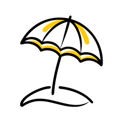 Beach umbrella icon with yellow stripe on white