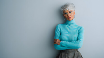 Bold at Any Age Senior Model in Trendy Outfit with Elegant Blank Background celebrates confidence,individuality,timeless style. The senior model,dressed in chic,fashion-forward look,breaks stereotypes