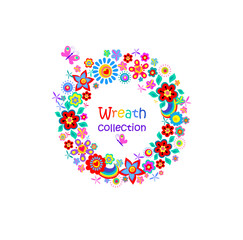 Funny wreath collection with colorful abstract flowers, red poppies and rainbow for greeting card isolated on white background
