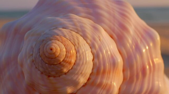 Close up of a large seashell with a spiral pattern on a beach during a warm sunset light