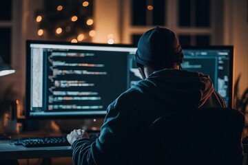 Focused programmer working at night with multiple monitors filled with code in a dimly lit room