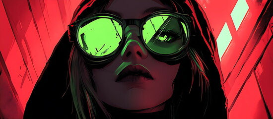 fashion cyberpunk girl leather hoodie jacket wears gas mask with protective glasses