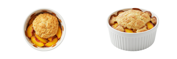 Peach Cobbler Delight: A mouthwatering overhead shot captures the inviting peach cobbler, a classic dessert with a flaky, golden crust.