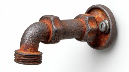 Rusty Industrial Pipe Fitting with Bolt in Close-Up View on a White Background Showcasing Textured Surface and Patina Effects
