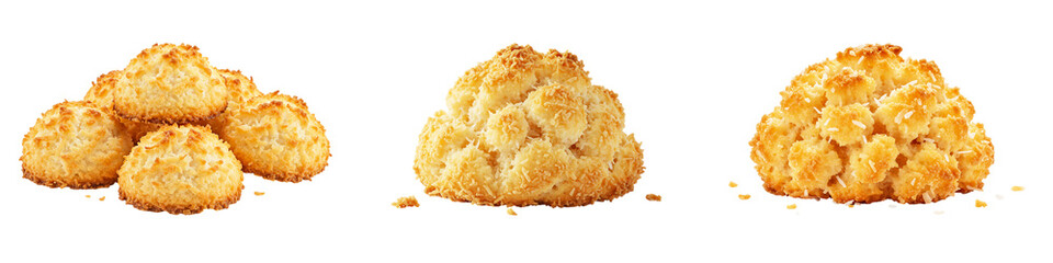 Golden Coconut Delights: A close-up shot showcasing a delightful assortment of golden coconut macaroons, perfectly baked to a delicate crisp, evoking the simple pleasure of artisanal treats.