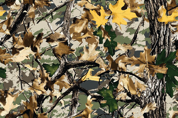 Vector hunting camouflage seamless pattern design. Camouflage background. Deer hunting, forest, jungle texture. Realistic tree seamless pattern. Digital camouflage