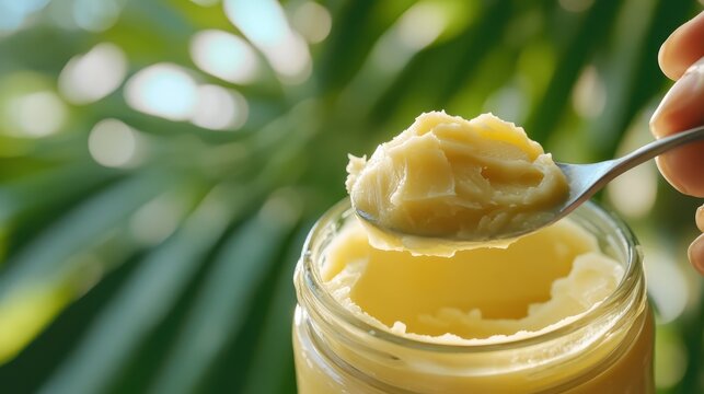 Creamy Murumuru Butter Scooped from a Jar with Fresh Green Background