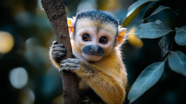 Adorable Squirrel Monkey Climbing and Playing Among Green Foliage in Wildlife Video
