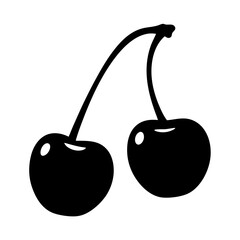 Black and white illustration of two cherries connected by a stem