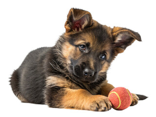 An adorable german shepherd puppy plays with a red ball isolated on transparent background