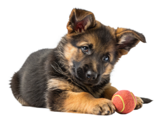 An adorable german shepherd puppy plays with a red ball isolated on transparent background