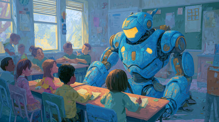 Humanoid robot teacher interacting with elementary school students in modern classroom, futuristic education and AI learning concept