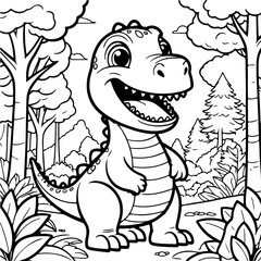 Cute Dinosaur Coloring Page for Kids in Forest Line Art