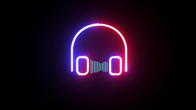 Glowing neon line headphones icon animation and sound wave