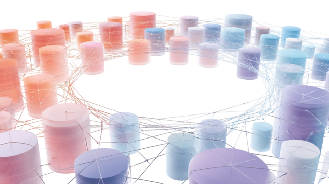 Panoramic Network Layout with Pastel-Toned Cylindrical Structures on Transparent Background

