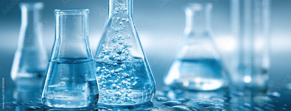 Aufkleber several laboratory beakers and flasks containing bubbling liquid on a wet surface, conducting a scie