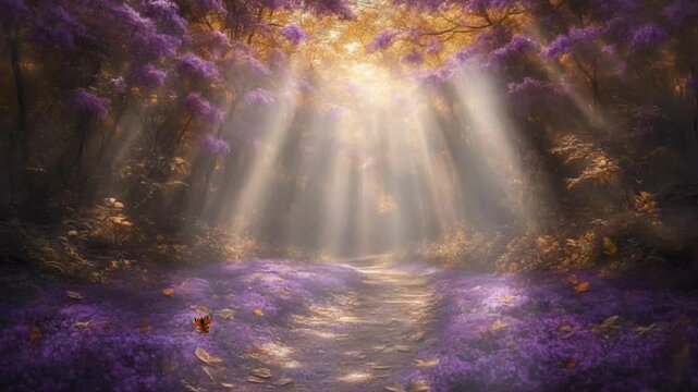 Magical forest pathway illuminated by golden sunlight with blooming purple flowers in tranquil atmosphere. seamless looping 4k time-lapse animation video background