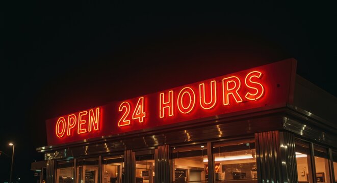 Neon Lit All Night Diner Opens Twenty Four Hours for Hungry Travelers Everywhere