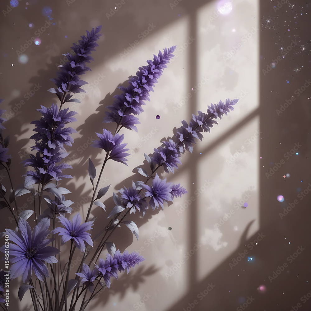 Poster purple lavender flowers with sparkles are arranged against a wall with window light creating a soft 
