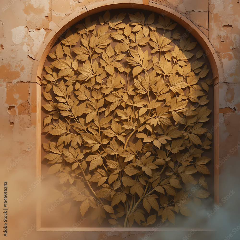 Poster a golden yellow leafy branch is nestled within an arched stone wall creating a warm and textured bac