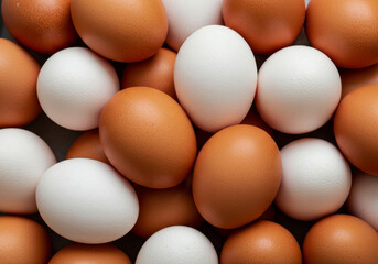 A pile of fresh chicken eggs in close-up view