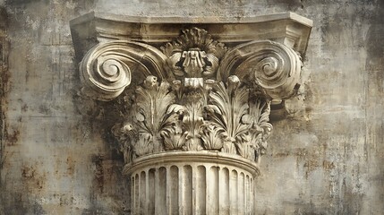 Detailed Corinthian Capital Stone Column with Weathered Texture and Ancient Carvings