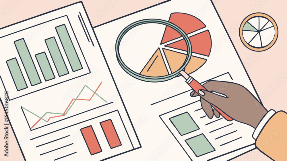 Poster analyzing data with magnifying glass reveals insights from charts and graphs