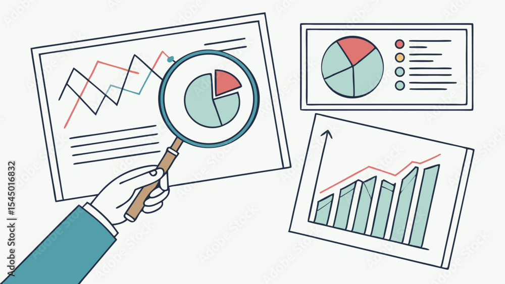 Poster analyzing data with magnifying glass reveals insights from charts and graphs