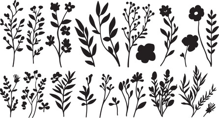 Elegant Black and White Floral Silhouettes A Collection of Botanical Illustrations Featuring Delicate Flowers Leaves and Branches for Design Elements and Creative Projects on a