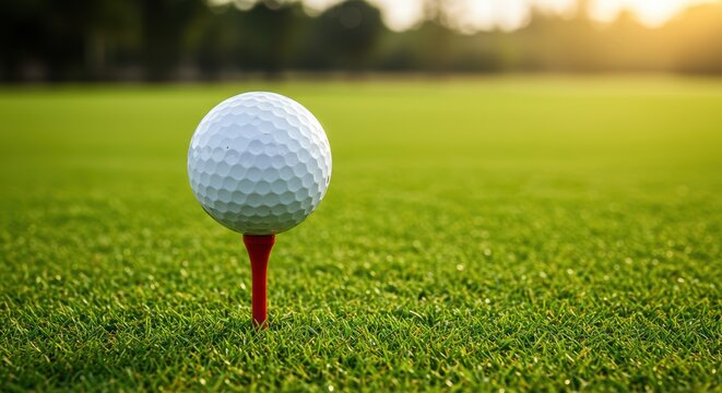 Golf Ball on a Red Tee Set on a Lush Green Golf Course