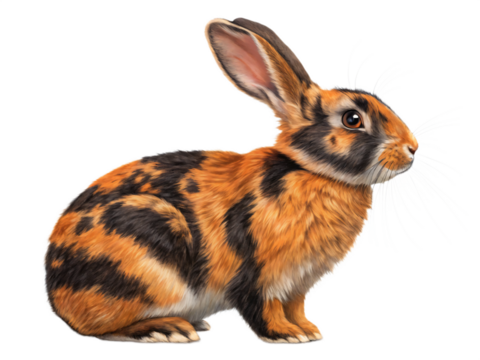 A brown and orange spotted rabbit is isolated on transparent background