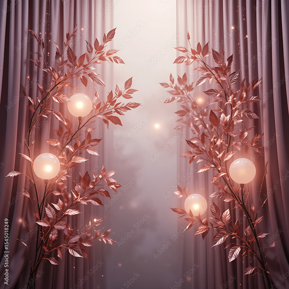 Poster two golden branches with glowing lamps stand between rosecolored curtains against a soft pink backgr