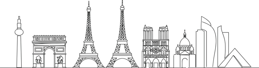 Famous Paris landmarks line art, Eiffel Tower sketch, Arc de Triomphe illustration, Notre Dame outline, modern city skyline, minimalist architecture, French cultural icon vector © Titan