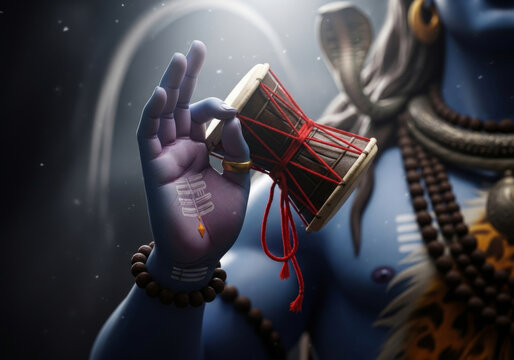 Close-up of Shiva's hand holding Damru drum symbolizing creation