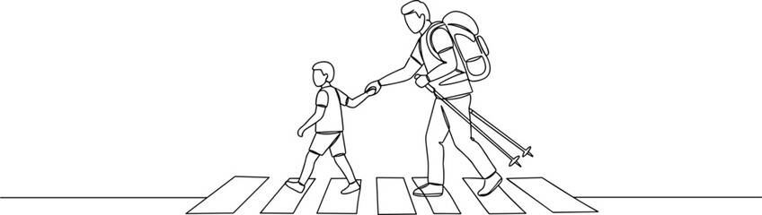 Father and son crossing road line art, family hiking sketch, travel safety concept, holding hands, outdoor journey, parenting, walking together, adventure, love, care