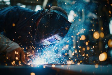 Welder wearing protective helmet working on metal plate with sparks flying around in industrial workshop, close up