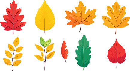 Collection of Colorful Autumn Leaves in Flat Vector Style Featuring Various Shapes and Shades of Red Yellow Orange and Green Perfect for Fall Themed Designs