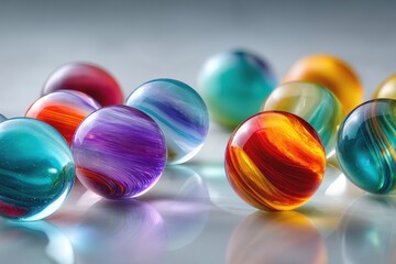 Colorful glass marbles scattered on a reflective surface creating a vibrant display in natural light