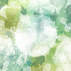 Green texture with a pattern of leaves, branches, watercolor print. Ecological green design frame, bio print, organic concept. Botanical summer invitation and postcard design frame.