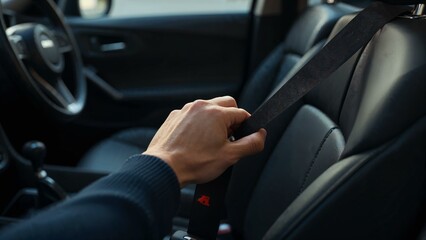 Hand securing seatbelt in a clean, well-lit car interior