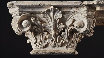 Intricate Carved Stone Capital with Acanthus Leaves Detailing on Dark Background