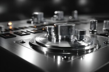 Close-up view of a metallic mixing console showing knobs and buttons during a music production session
