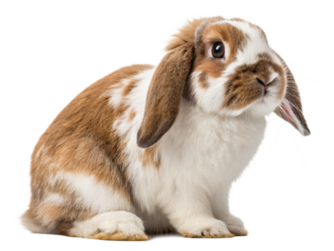 A cute brown and white lopeared rabbit is isolated on transparent background