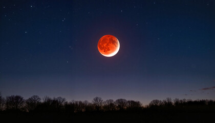 Lunar eclipse with a red moon glowing in night sky over landscape  