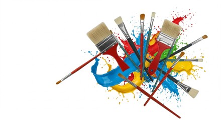 Artistic Brushes and Vivid Paint Bursts on White Surface