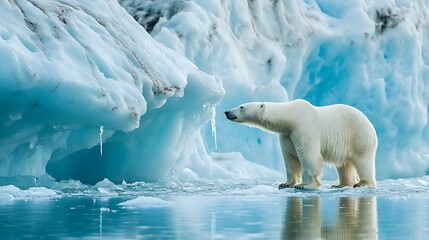Polar Bear Walking on Ice Floe in Arctic Waters with Blue Ice Background with Reflections